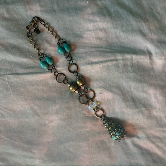 Pam Hiran Anthropologie Turquoise & Moonstone Colored Bead statement Necklace - Picture 3 of 7